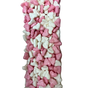 a pink and white candy bar with hearts on it