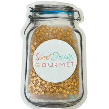 a jar filled with gold stars on a white background