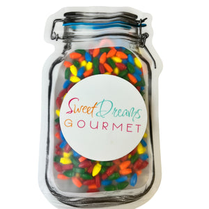 a jar filled with lots of colorful candy