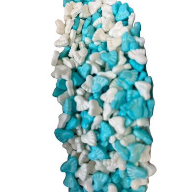 a blue and white candy bar with white and blue candies