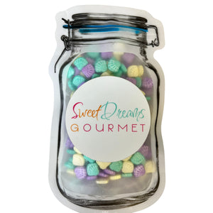 a jar filled with lots of colorful candy