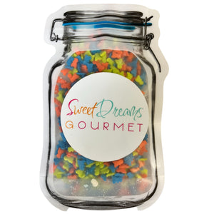 a jar filled with lots of colorful candy