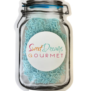 a jar filled with lots of blue sprinkles