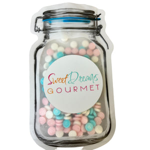 a jar filled with lots of colorful candy