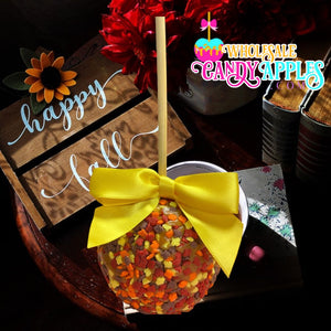 A wooden sign with the word "happiness" written on it, a yellow candy apple with a ribbon, and a "wholesale candy apples" sign in the background.