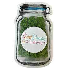 a jar filled with green beans and a sticker that says sweet dreams gour